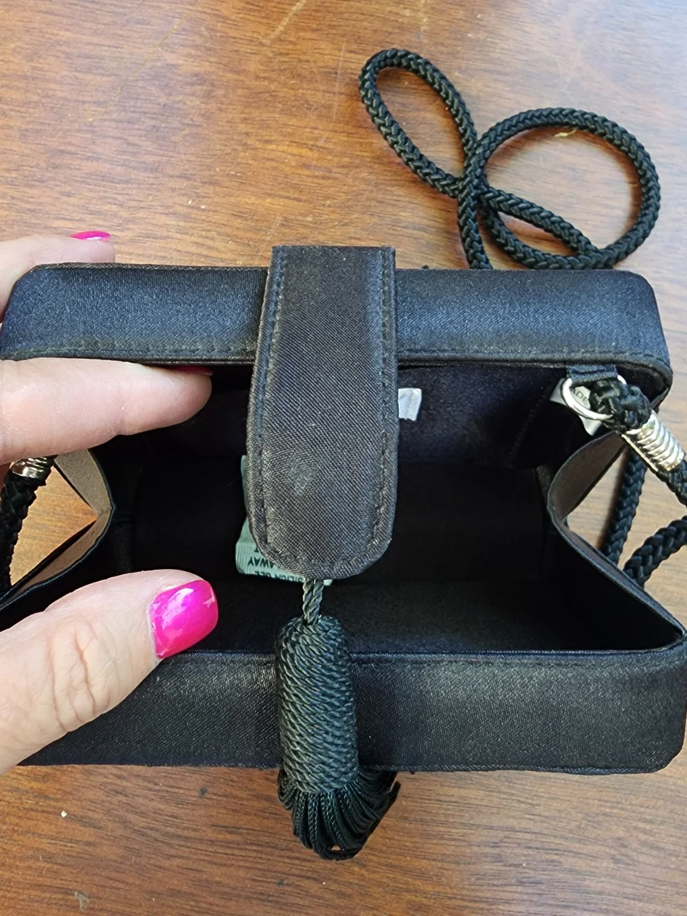 Vintage Jessica McClintock Black Satin Tassel Box Clutch Crossbody Bag
